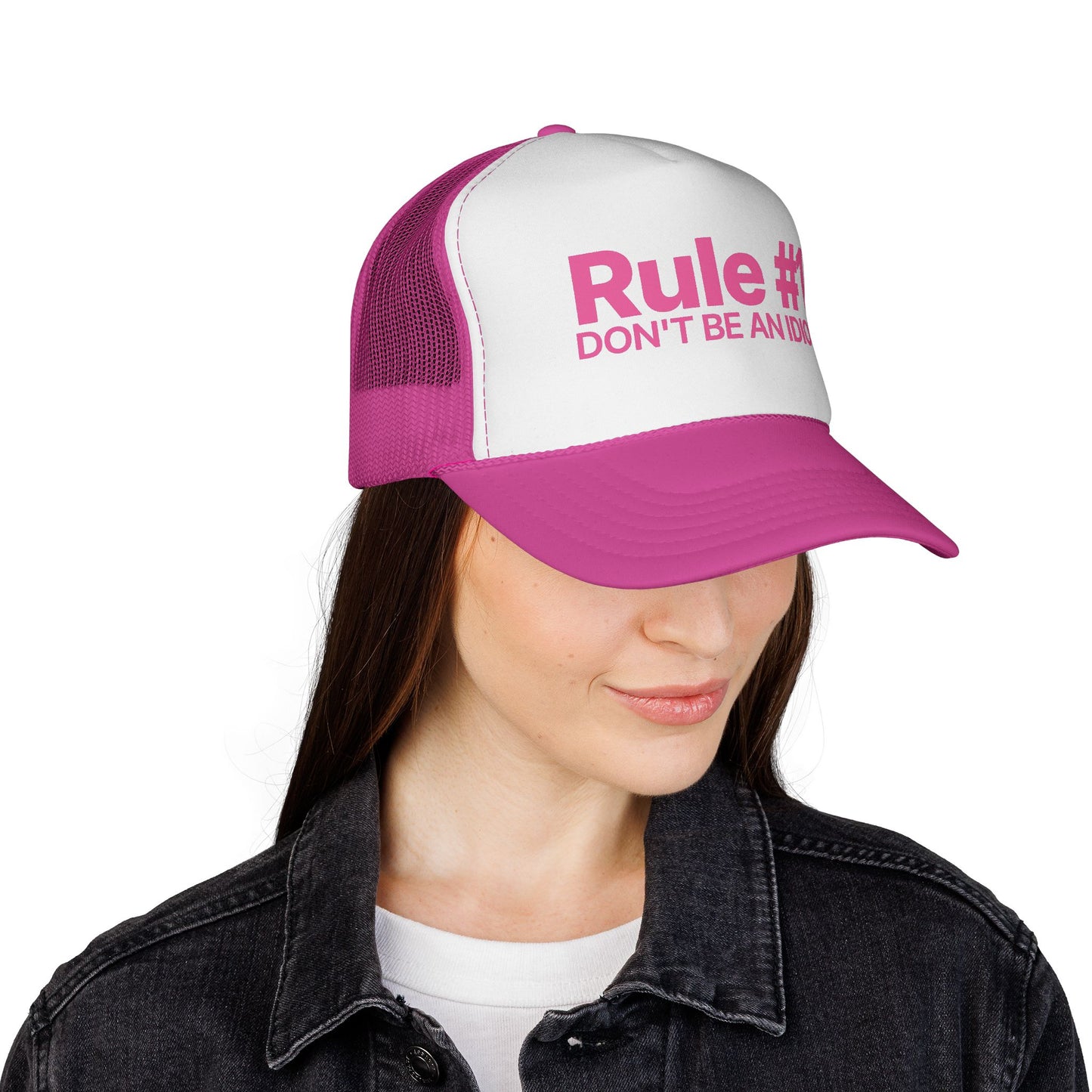 Rule #1 Trucker Hat. Don't be an idiot. Pink.